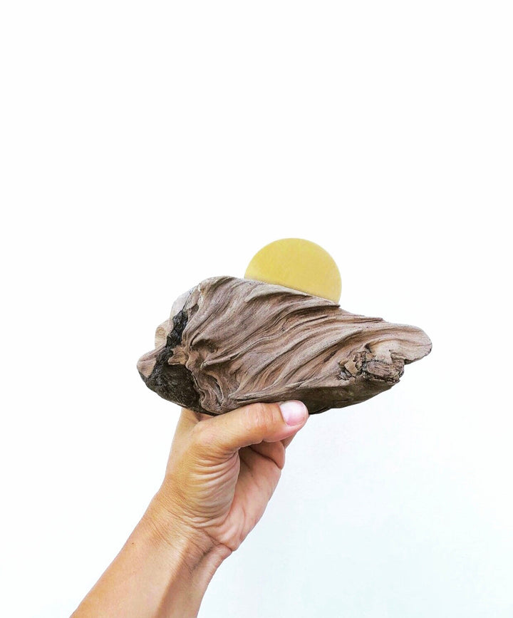 Hand holding a driftwood-style magnet with a round yellow backing disk.