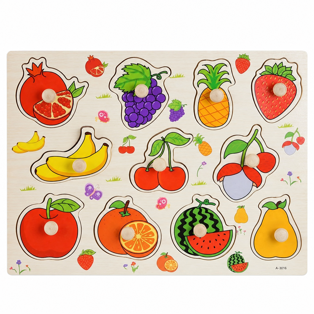 Wooden fruit-themed hand grab puzzle board with colorful inset fruit shapes and knobs