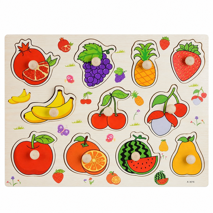 Wooden fruit-themed hand grab puzzle board with colorful inset fruit shapes and knobs