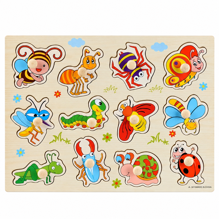 Wooden insect and animal puzzle board with 3D peg pieces and cartoon figures