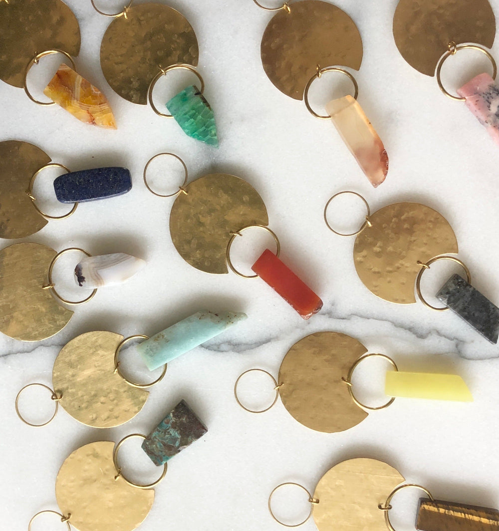 Set of gemstone moon drop ornaments: gold crescent moons, hoop tops, red/blue/green/yellow drops