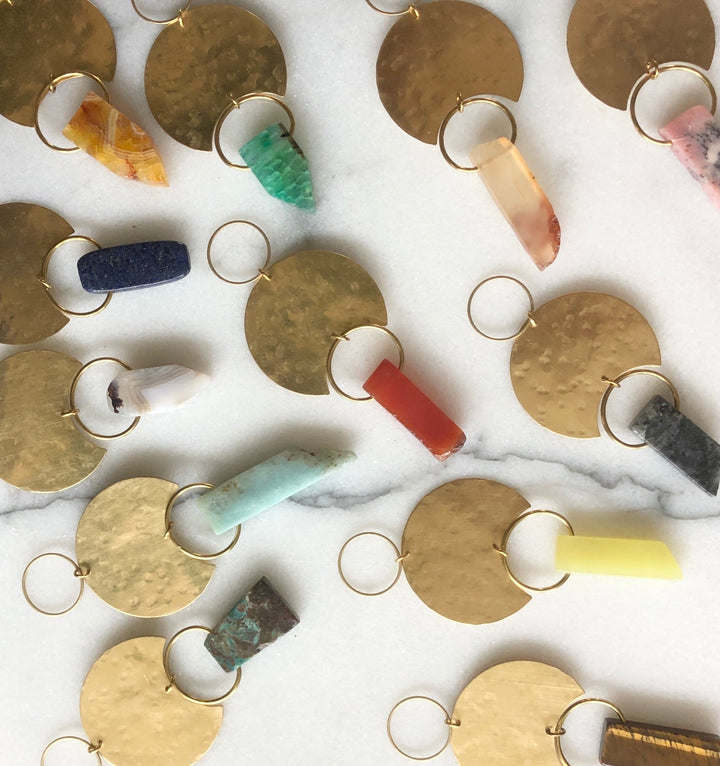 Set of gemstone moon drop ornaments: gold crescent moons, hoop tops, red/blue/green/yellow drops