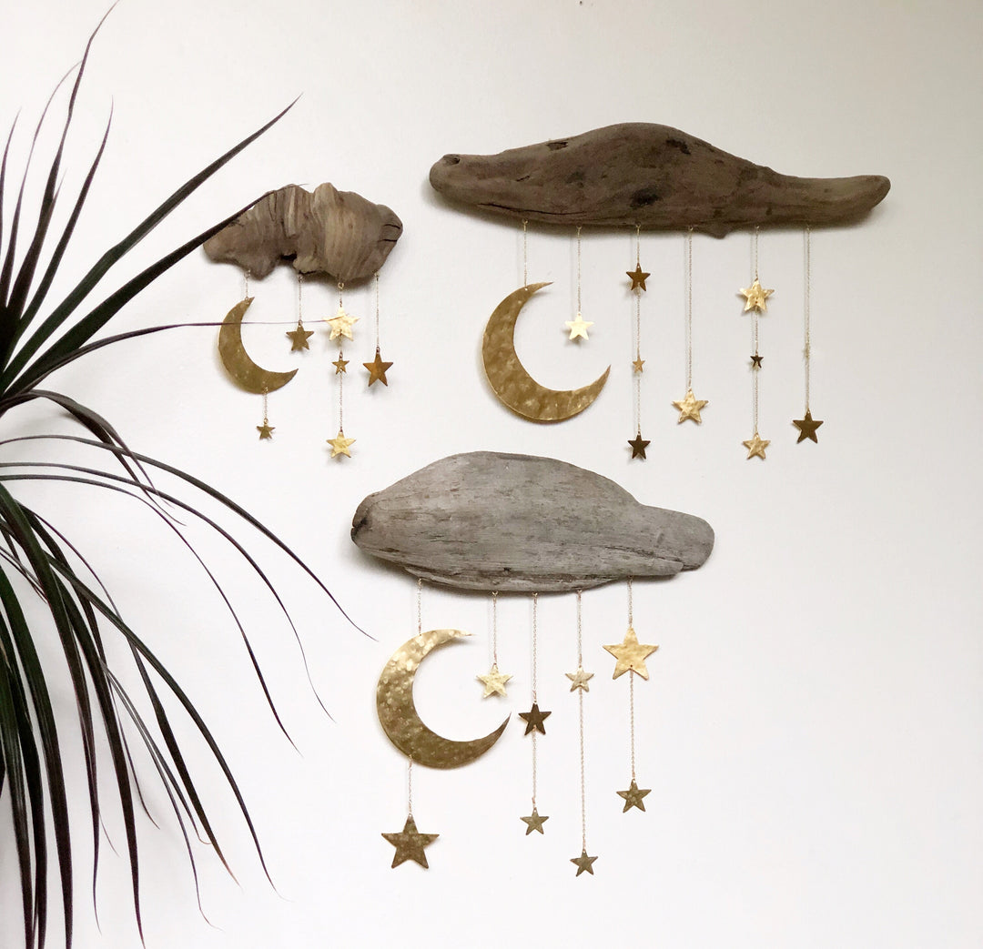 Natural wood moon and star wall sculpture mobile with multiple dangling star charms