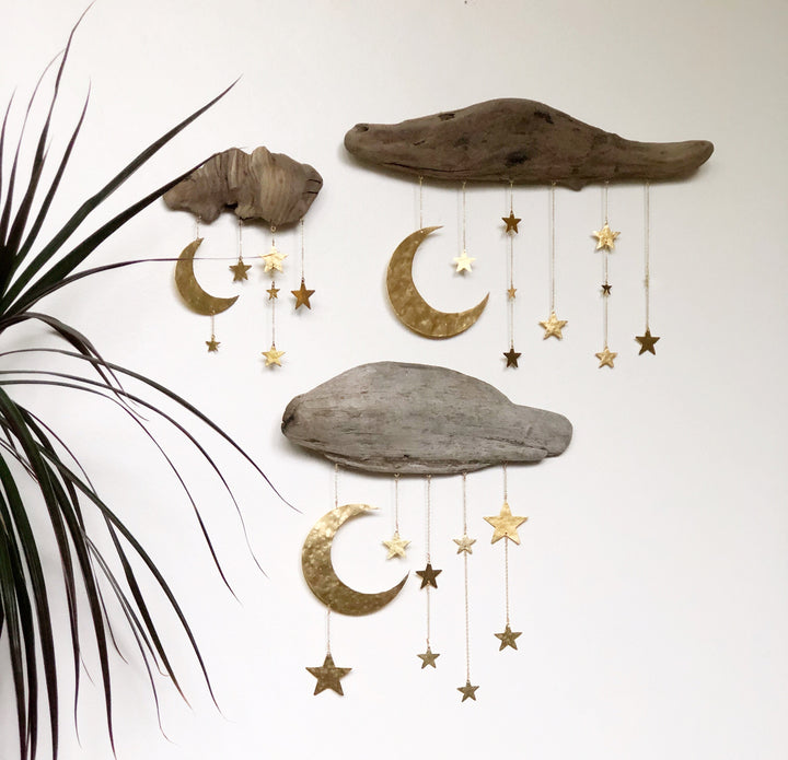 Natural wood moon and star wall sculpture mobile with multiple dangling star charms