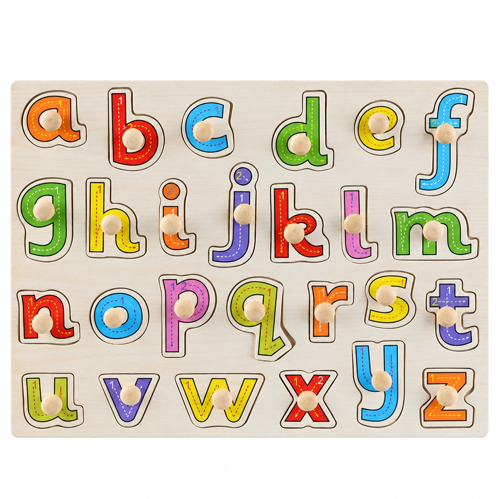 Wooden alphabet hand grab puzzle board with colorful letter blocks and numbered knobs