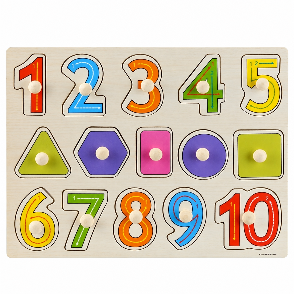 Number wooden puzzle board with colored digit cutouts and 3D peg pieces