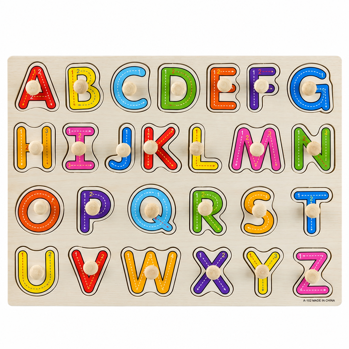 Wooden alphabet puzzle board with colorful letter pieces and 3D peg knobs
