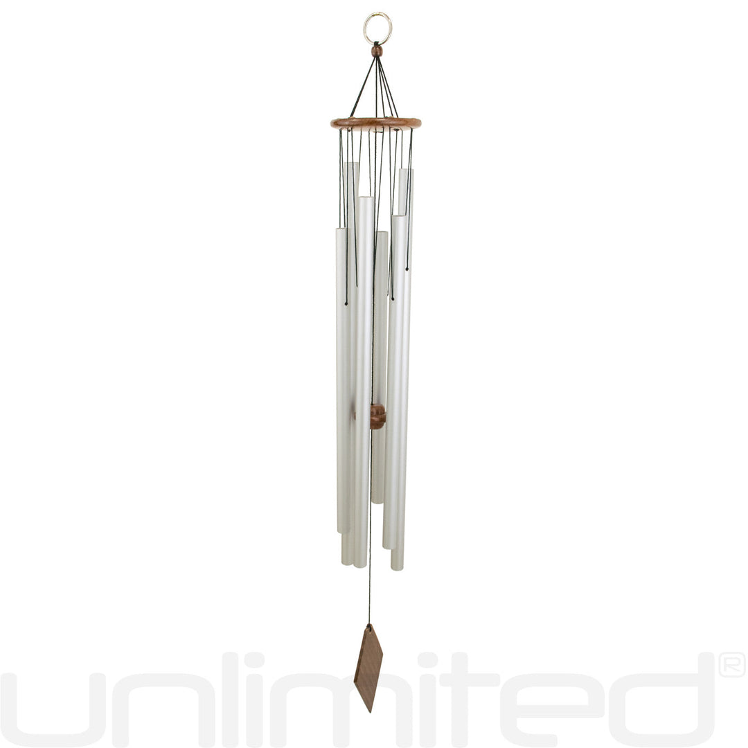 Metal wind chimes with hanging tubes and small wooden top, round ring and arrow detail