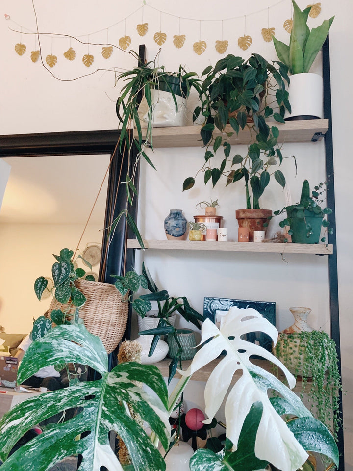 Hammered brass leaf garland with leaf-shaped charms across wall display