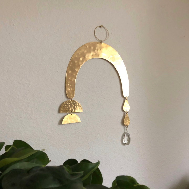 Promesa suncatcher: gold arched design with hanging bead charms and top ring