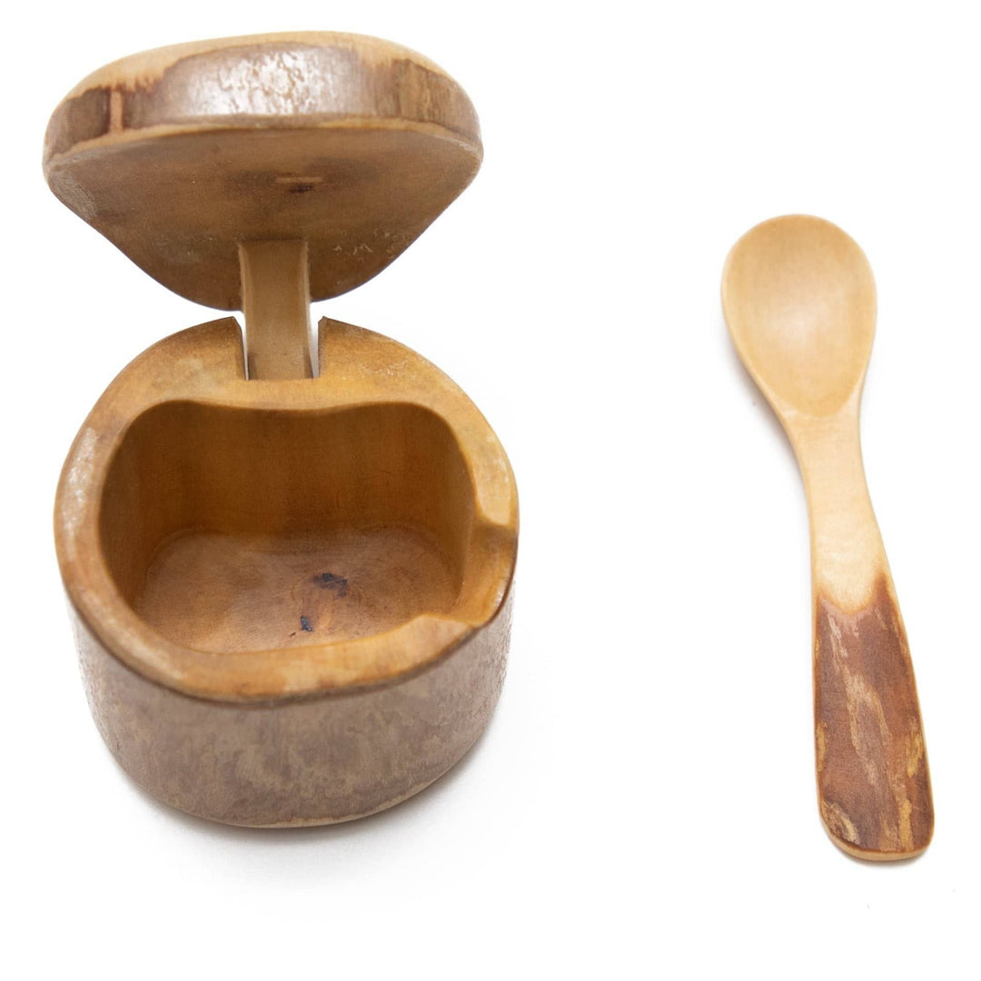 Mini wooden salt box with open bowl, round lid, and wooden spoon