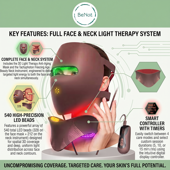 Brown face-and-neck light therapy mask with glowing LED light and controller
