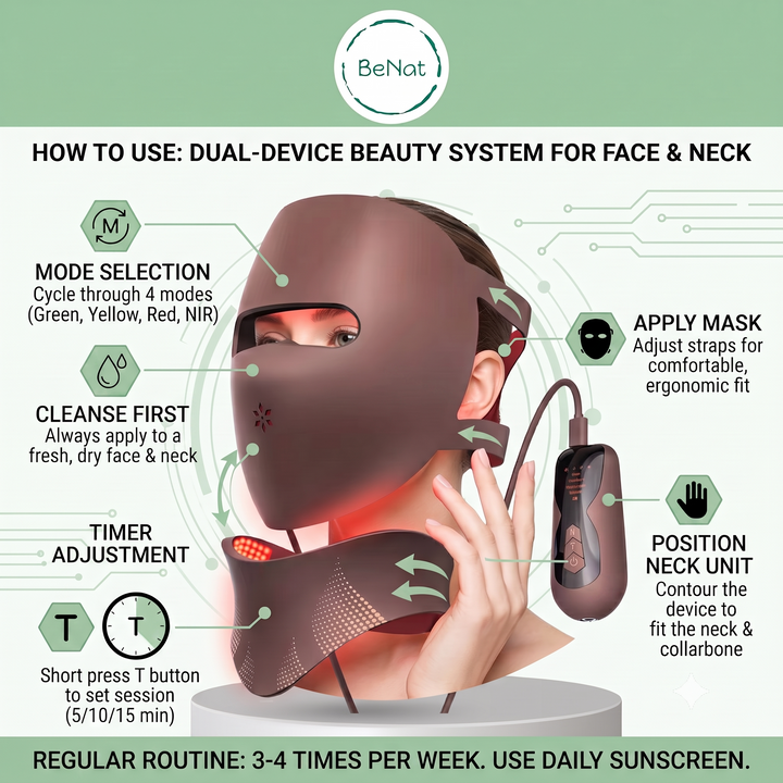Brown face-and-neck LED therapy mask with controller and neck strap