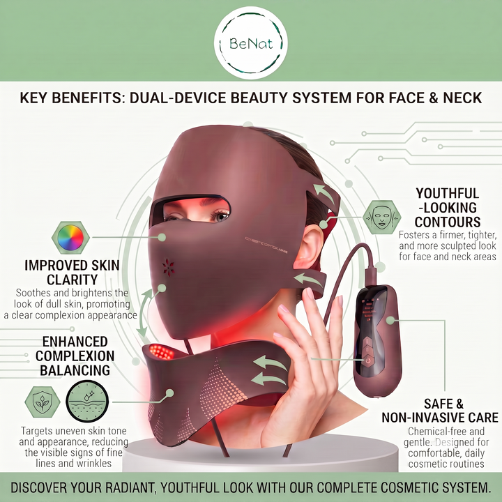 Brown face-and-neck light therapy mask with red LED glow and controller