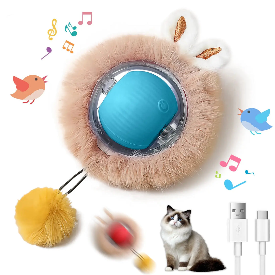 Fuzzy cat ball toy with blue LED core and dangling tail pom-pom.