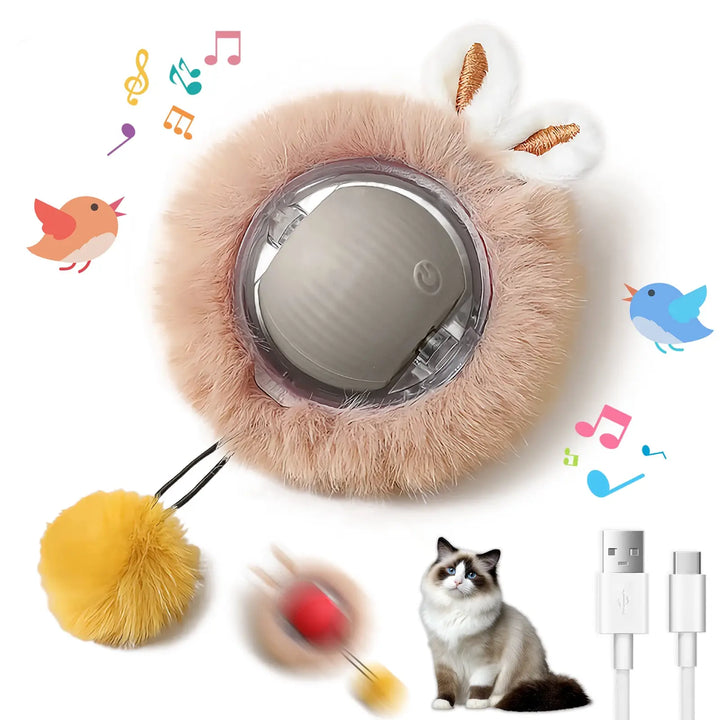 Fuzzy cat ball toy with dark gray LED core and dangling yellow pom-pom tail.