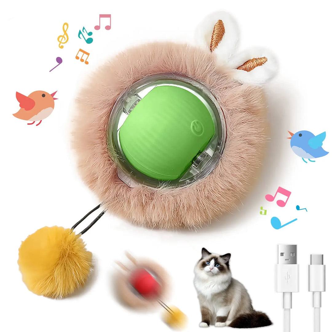 Fuzzy cat ball toy with green LED core and dangling tail pom-pom.