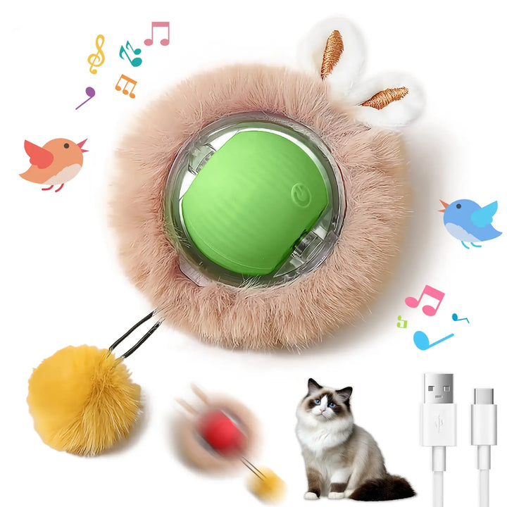 Fuzzy cat ball toy with green LED core and dangling tail pom-pom.