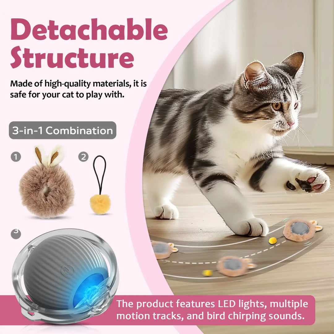 Fuzzy cat ball toy with detachable feather pieces and blue LED ball interior.