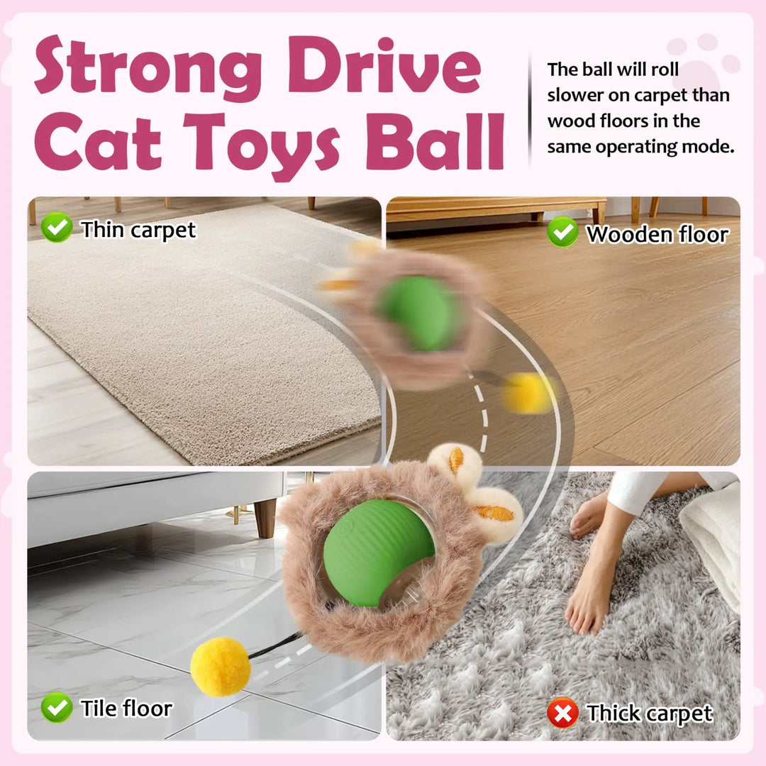 Fuzzy cat ball toy with green LED core and attached yellow pom-pom tail.