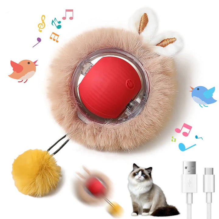 Fuzzy cat ball toy with red LED core and dangling yellow pom-pom tail.