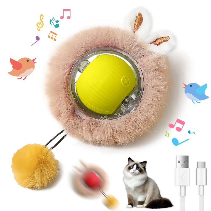Fuzzy cat ball toy with yellow LED core and dangling tail pom-pom.