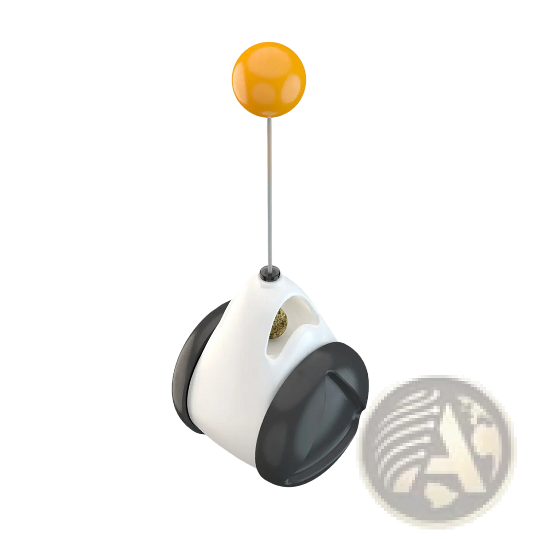 Automatic lifting cat teaser ball toy with hanging orange ball on a vertical white stem