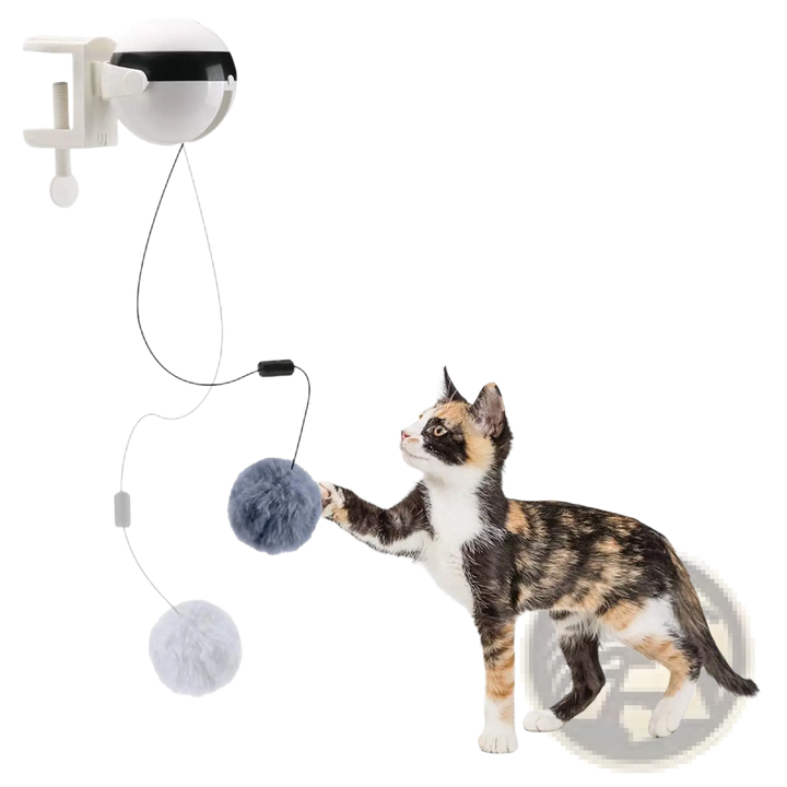 Automatic lifting cat teaser ball toy with white base, black dome, and hanging fuzzy balls