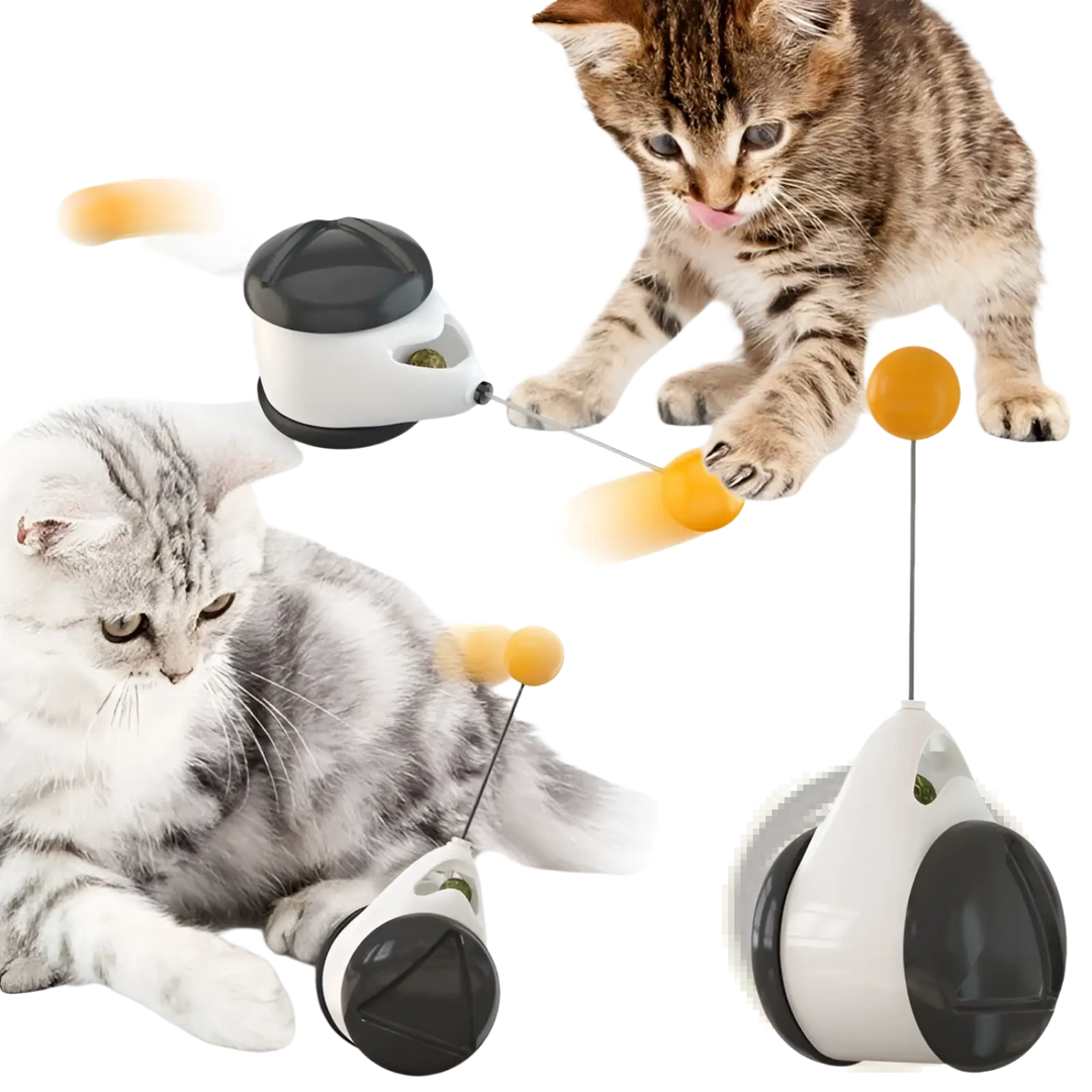 Automatic lifting cat teaser ball toy with cats, orange pom poms, and white-and-black base