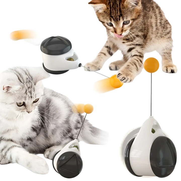 Automatic lifting cat teaser ball toy with cats, orange pom poms, and white-and-black base
