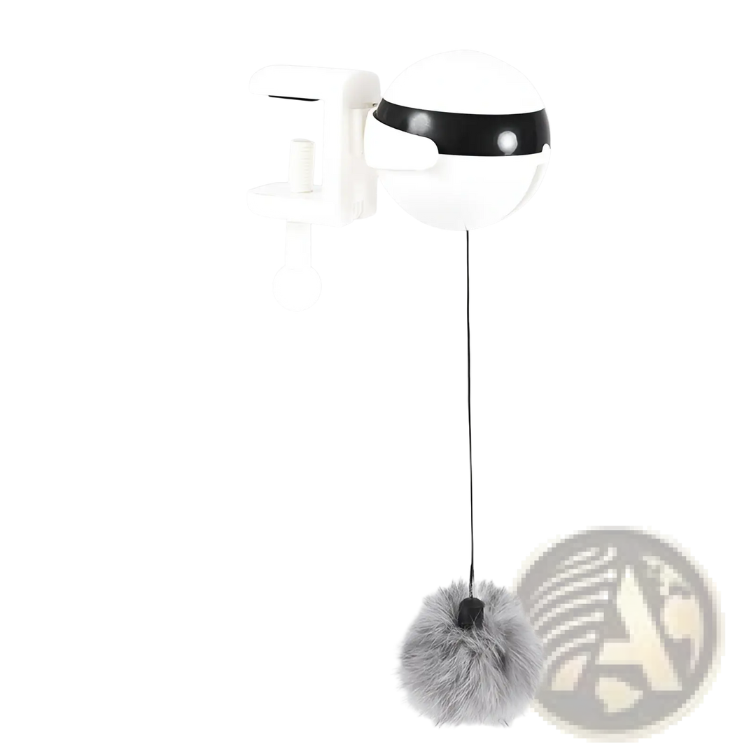 White and black automatic lifting cat toy with hanging gray pom and vertical rope