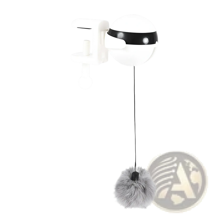 White and black automatic lifting cat toy with hanging gray pom and vertical rope