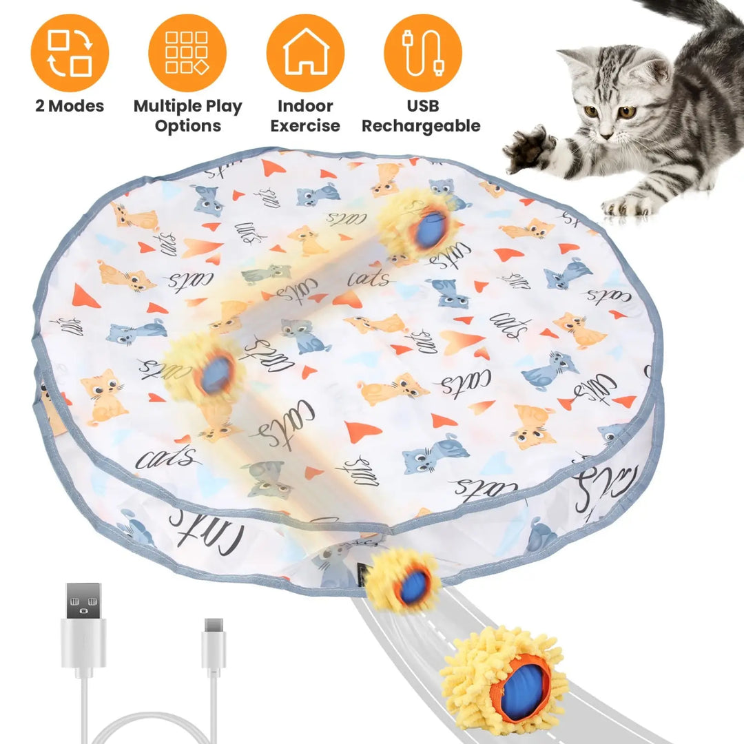 Interactive cat play mat with hide-and-seek pouch and blue ball with fuzzy cover
