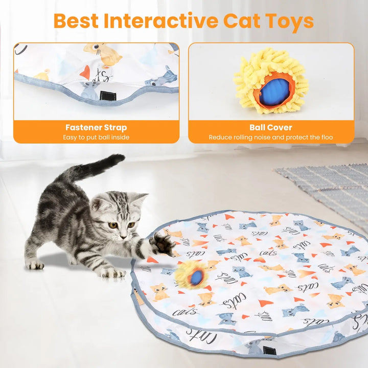 Interactive cat play mat with attached pouch and removable ball cover detail