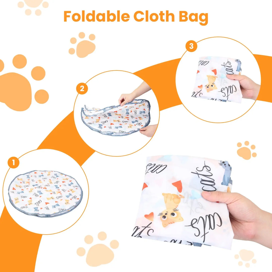 Foldable cat toy cloth mat packed into a carry pouch bag
