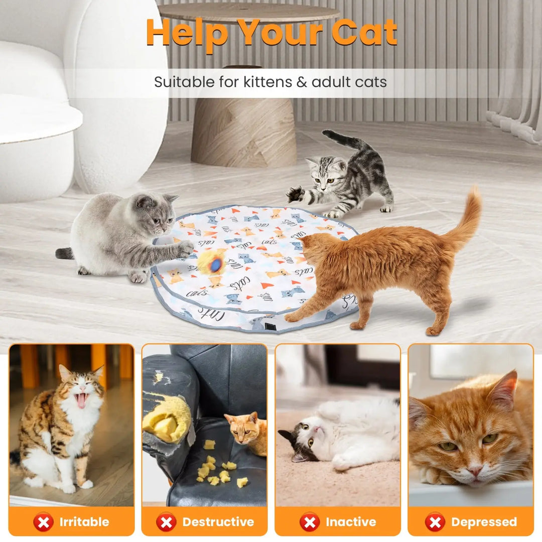Round fabric cat toy mat with patterned pouch, designed for play and hide-and-seek