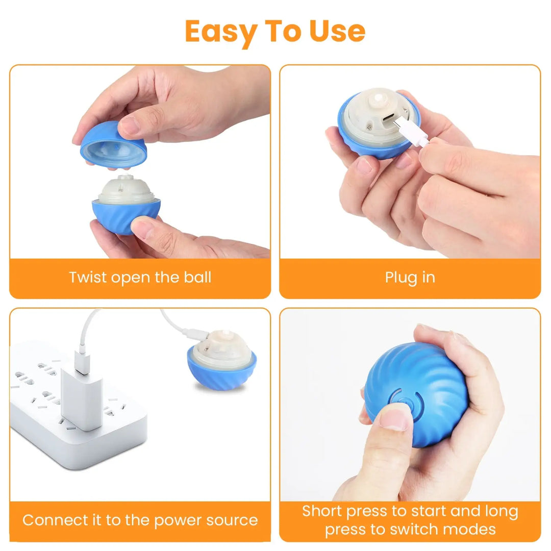 Blue interactive cat ball shown with hand activating and power connection