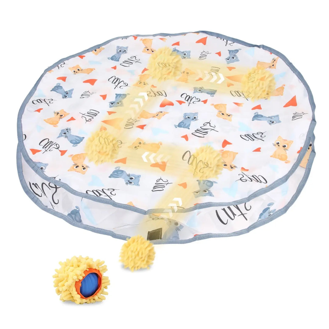 Round cat hide-and-seek pouch with cat print, yellow pom pom toys and small blue ball
