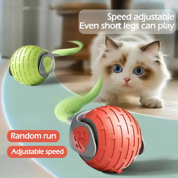 Interactive cat toy ball in emerald green with gray housing and curved arm