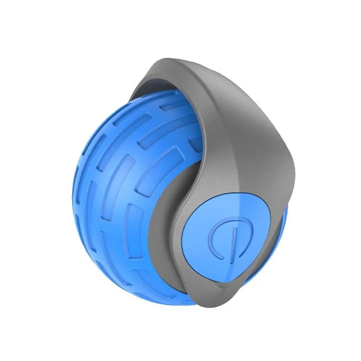Smart electric cat toy ball with blue textured shell and gray base