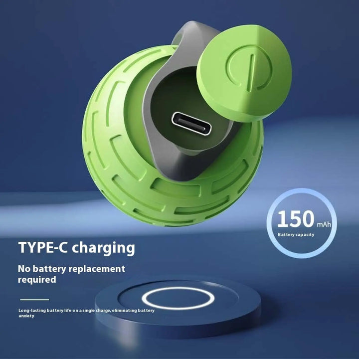 Rechargeable cat toy ball with green shell, gray base, Type-C charging port