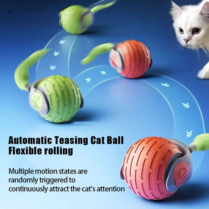 Interactive cat toy ball set with green, orange, and red spinning ball pods