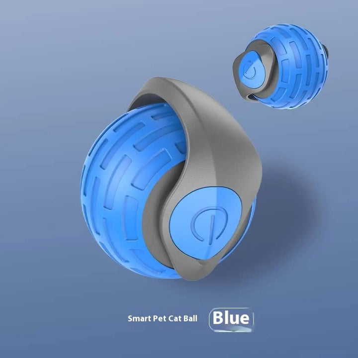 Smart electric cat toy ball in blue with textured shell and gray base