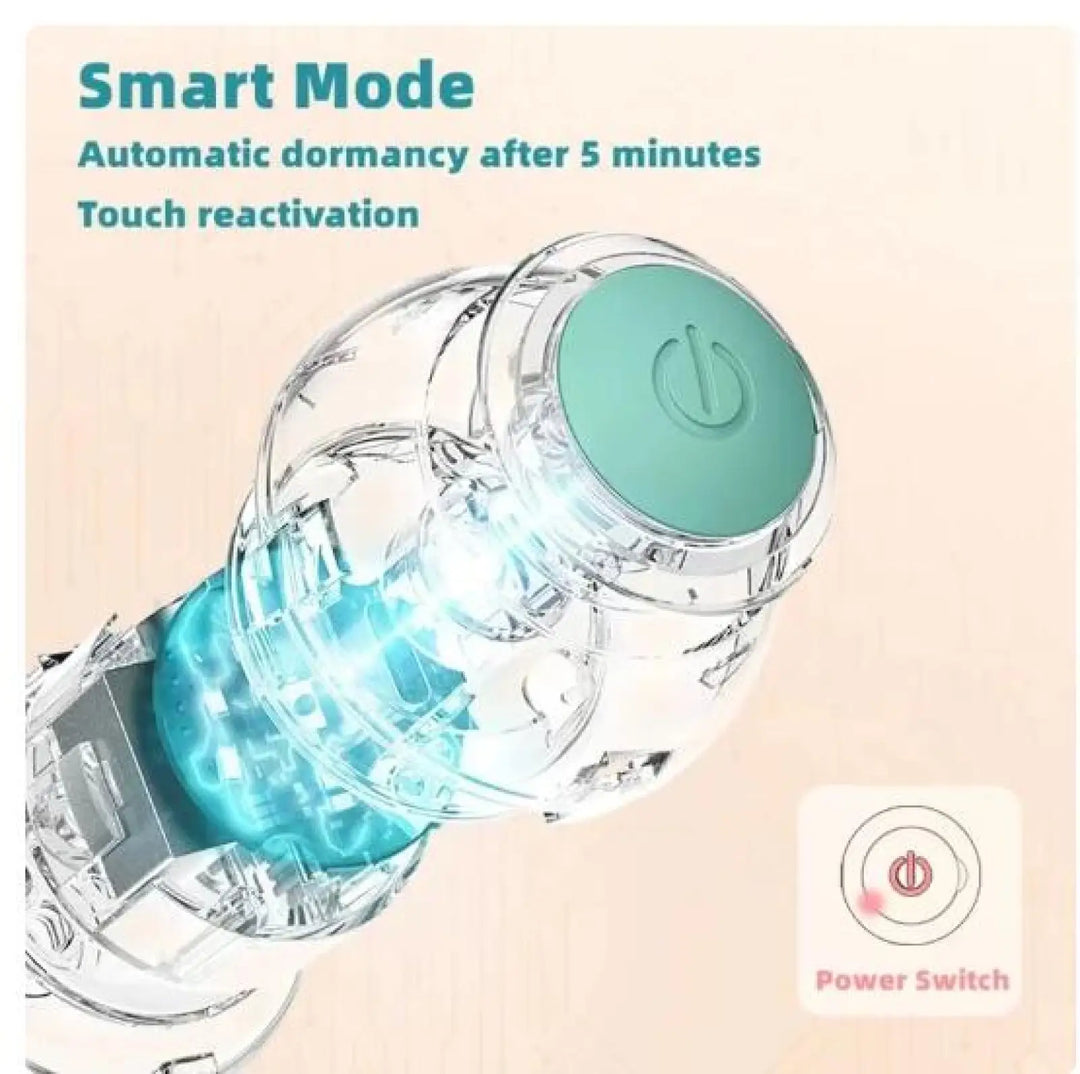 Transparent electric rolling ball toy with green power button and blue light glow