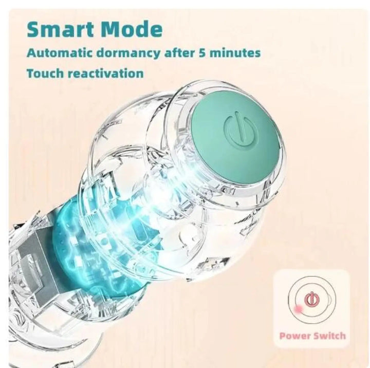 Transparent electric rolling ball toy with green power button and blue light glow