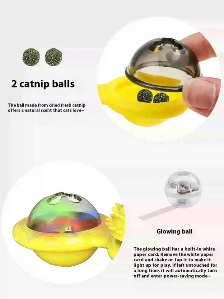 Glowing LED ball cat toy with two catnip balls shown in close-up