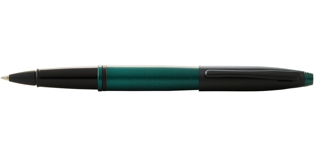 Matte green barrel with black grip band and rollerball nib
