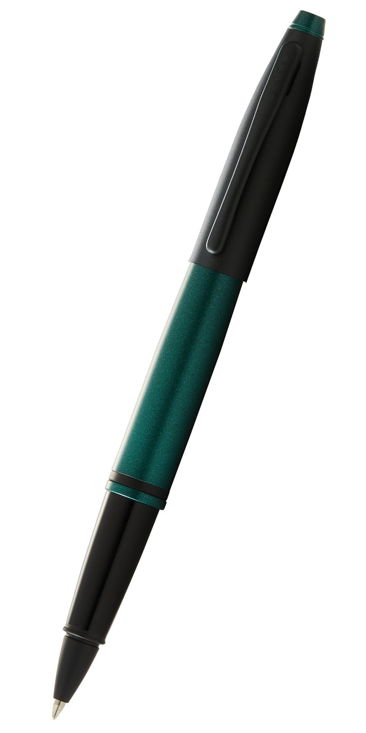 Matte green and black rollerball pen, angled view with pocket clip