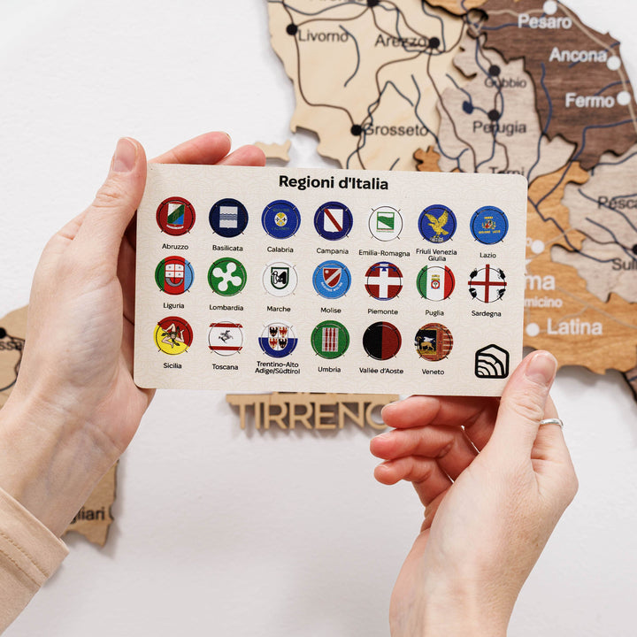 Italy region pin set on holder card, round enamel badges with icons