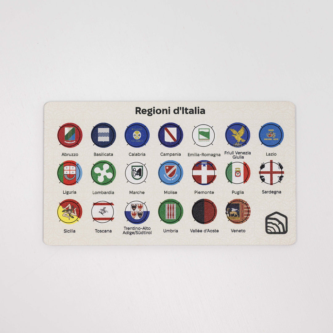 Italy region pin set card with grid of round enamel badges